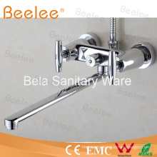 Brassware Design Wall Mount Long Spout Bath Tub Faucet with Double Handle Chrome Plated